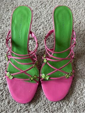Tommy Hilfiger Hot Pink Strappy Slide Sandals with Green Footbed